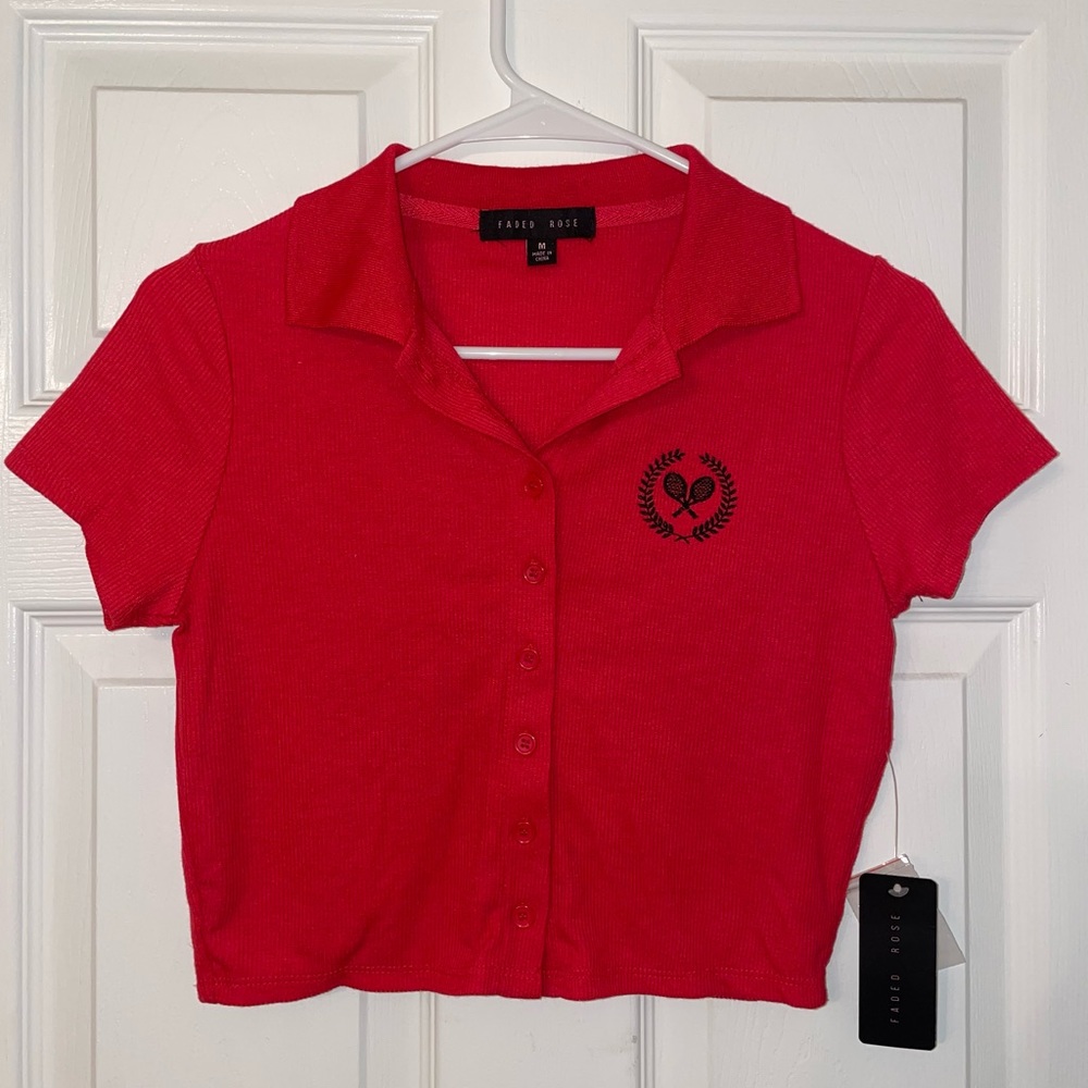 Red Cropped Button-Down Tennis Polo